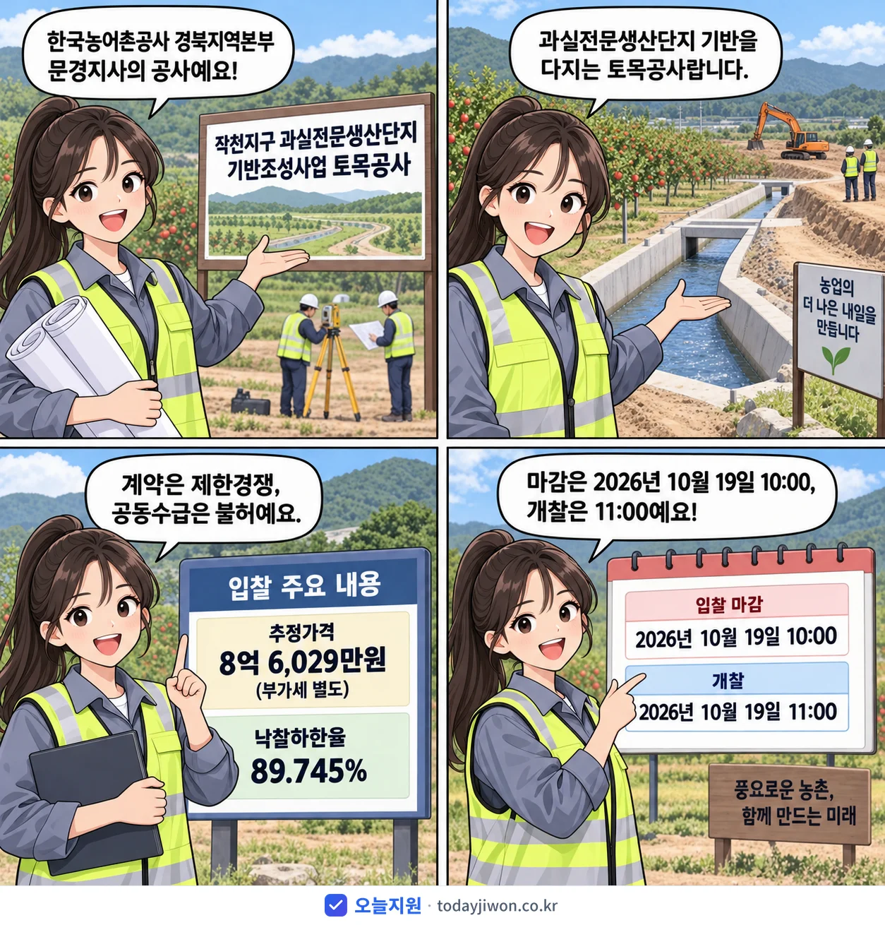 4컷 만화로 보는 공고: 한국농어촌공사 경북지역본부 문경지사 '작천지구 과실전문생산단지 기반조성사업 토목공사', 추정가격 8억 6,029만원, 입찰 마감 10/19 10:00