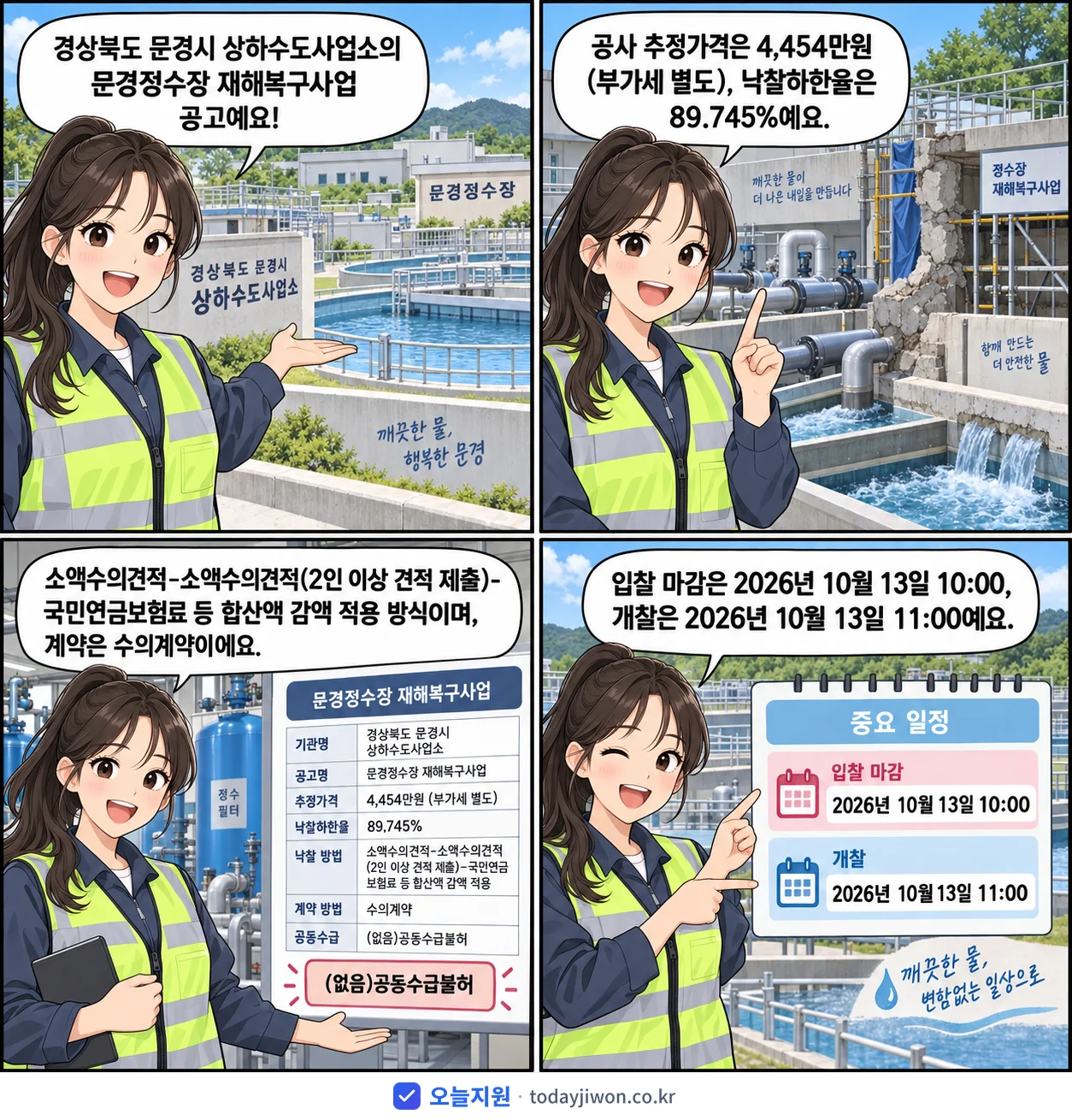 4컷 만화로 보는 공고: 경상북도 문경시 상하수도사업소 '문경정수장 재해복구사업', 추정가격 4,454만원, 입찰 마감 10/13 10:00
