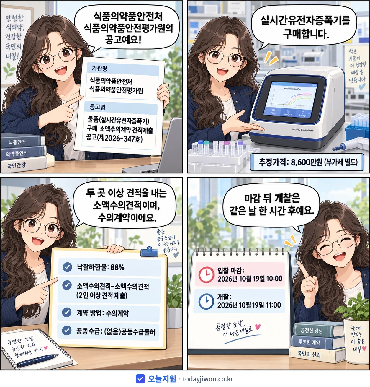 4컷 만화로 보는 공고: 식품의약품안전처 식품의약품안전평가원 '물품(실시간유전자증폭기) 구매 소액수의계약 견적제출 공고(제2026-3…', 추정가격 8,600만원, 입찰 마감 10/19 10:00