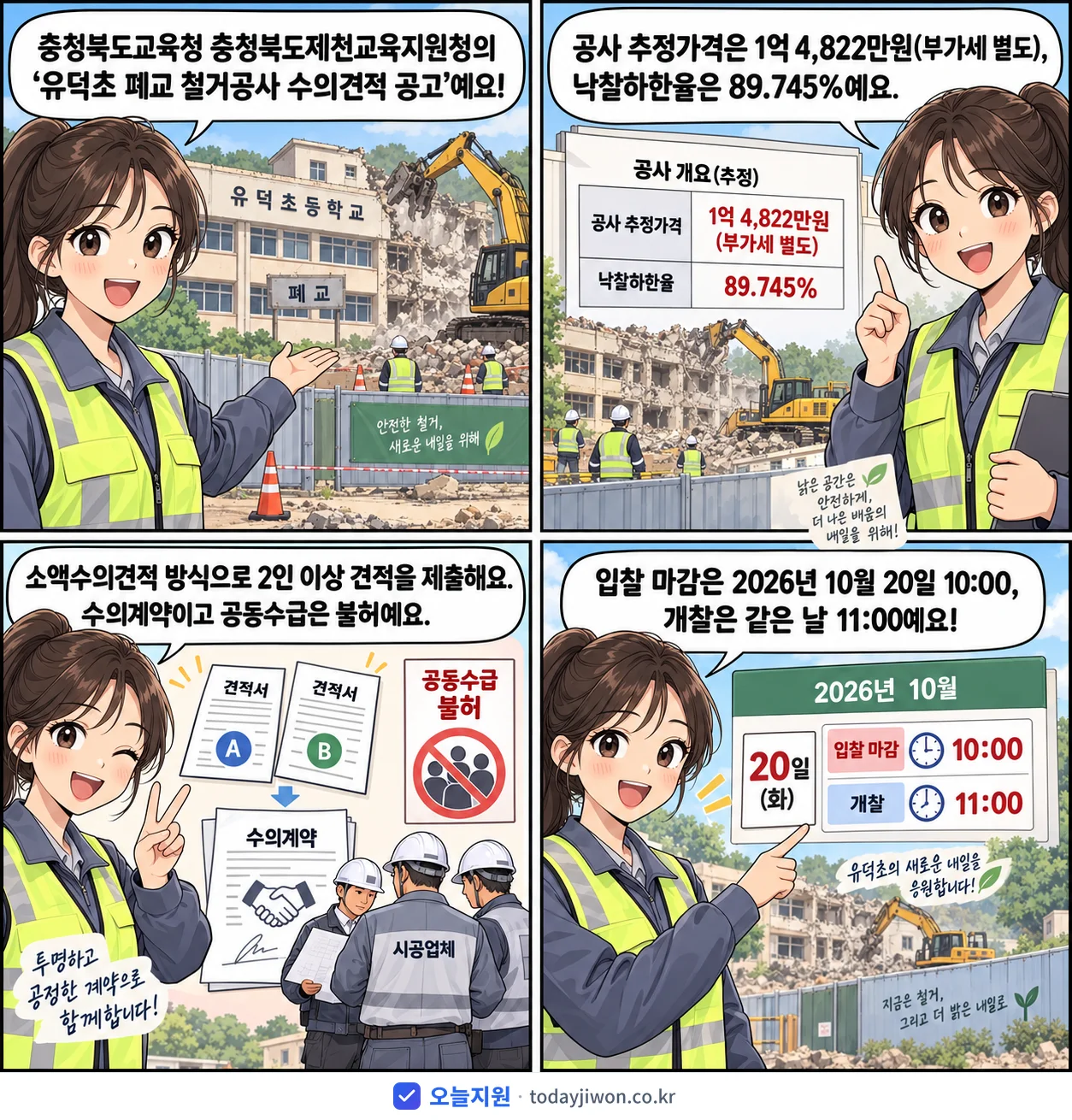4컷 만화로 보는 공고: 충청북도교육청 충청북도제천교육지원청 '유덕초 폐교 철거공사 수의견적 공고', 추정가격 1억 4,822만원, 입찰 마감 10/20 10:00