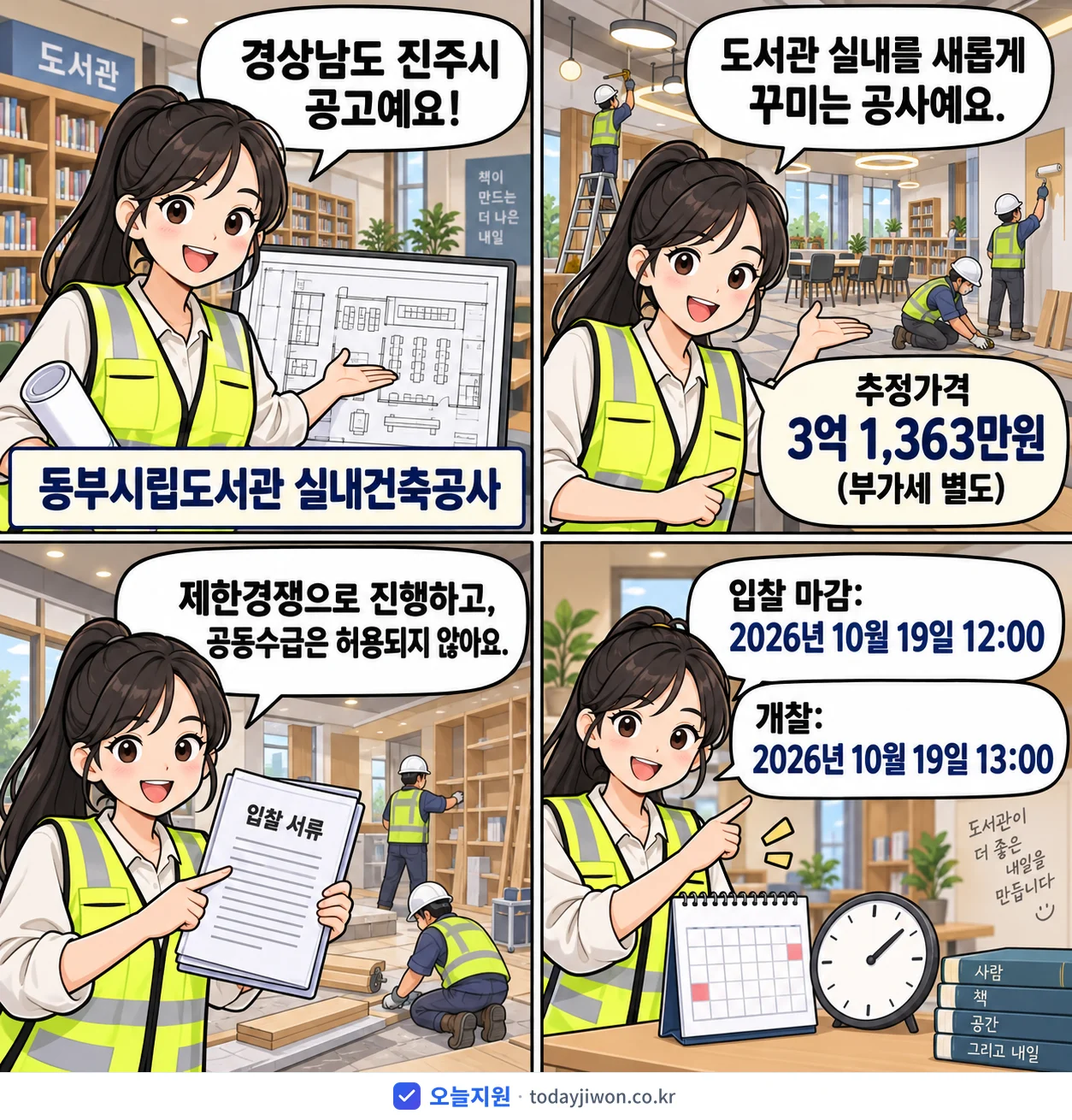 4컷 만화로 보는 공고: 경상남도 진주시 '동부시립도서관 실내건축공사', 추정가격 3억 1,363만원, 입찰 마감 10/19 12:00