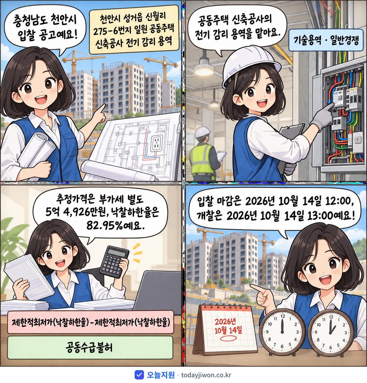 4컷 만화로 보는 공고: 충청남도 천안시 '천안시 성거읍 신월리 275-6번지 일원 공동주택 신축공사 전기 감리…', 추정가격 5억 4,926만원, 입찰 마감 10/14 12:00