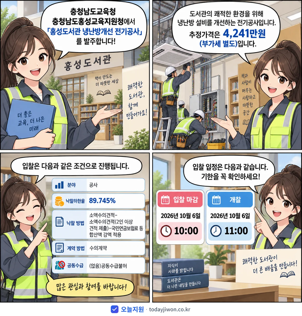 4컷 만화로 보는 공고: 충청남도교육청 충청남도홍성교육지원청 '홍성도서관 냉난방개선 전기공사', 추정가격 4,241만원, 입찰 마감 10/6 10:00
