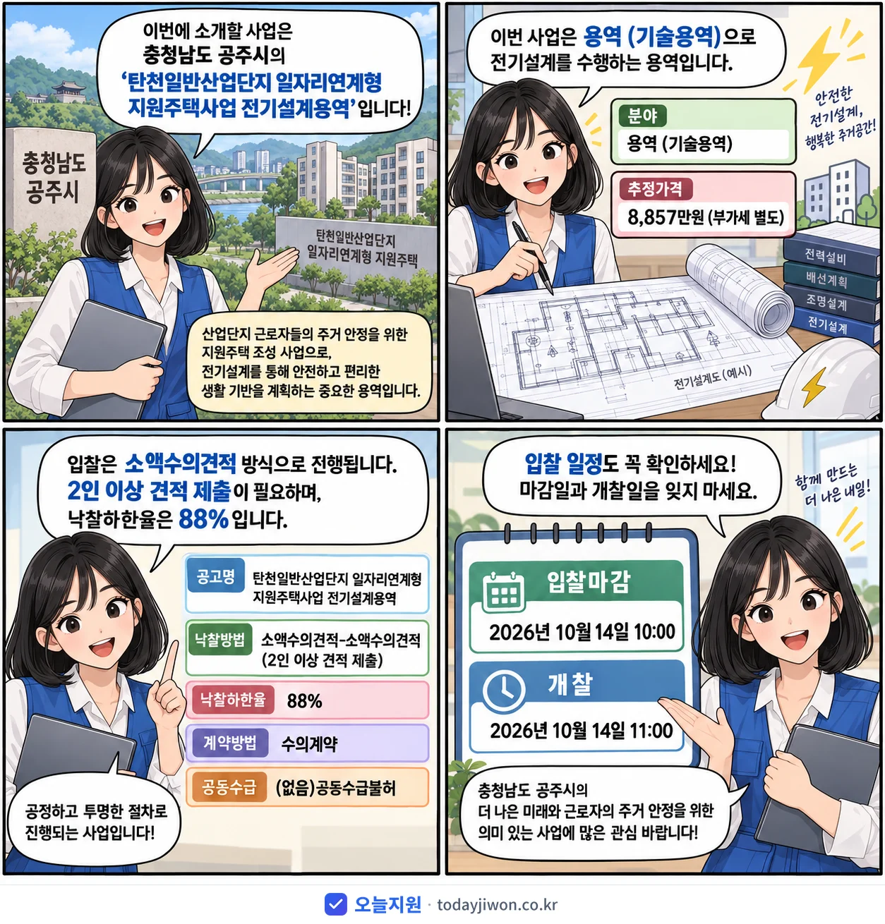4컷 만화로 보는 공고: 충청남도 공주시 '탄천일반산업단지 일자리연계형 지원주택사업 전기설계용역', 추정가격 8,857만원, 입찰 마감 10/14 10:00