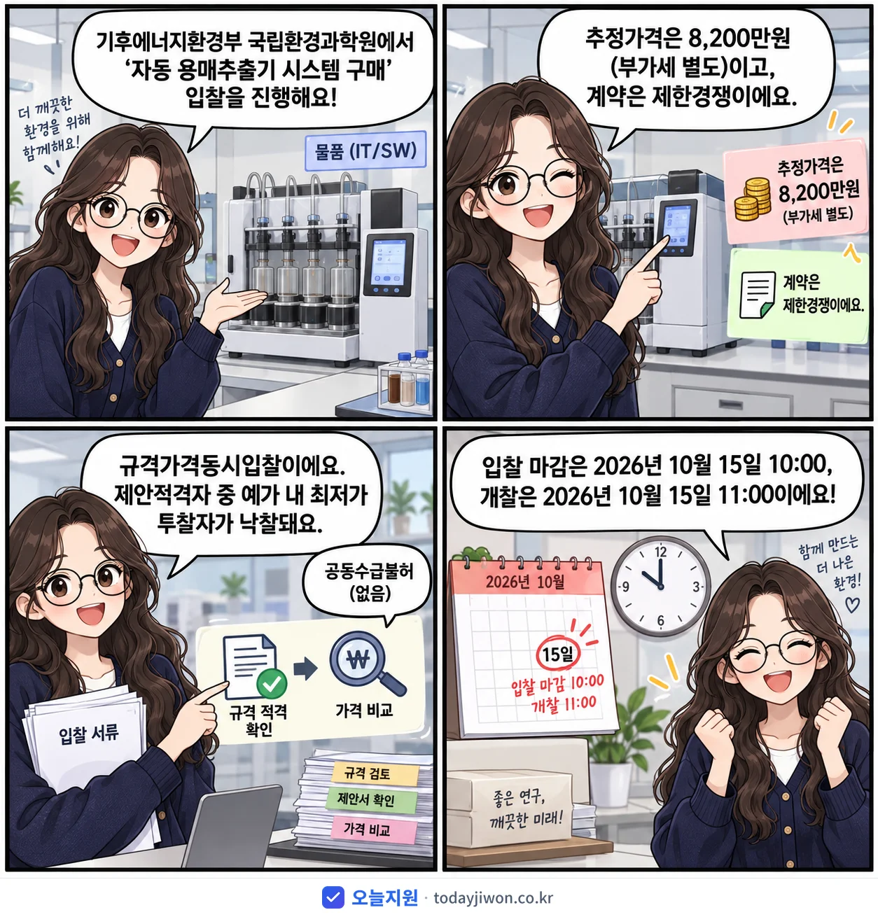 4컷 만화로 보는 공고: 기후에너지환경부 국립환경과학원 '자동 용매추출기 시스템 구매', 추정가격 8,200만원, 입찰 마감 10/15 10:00
