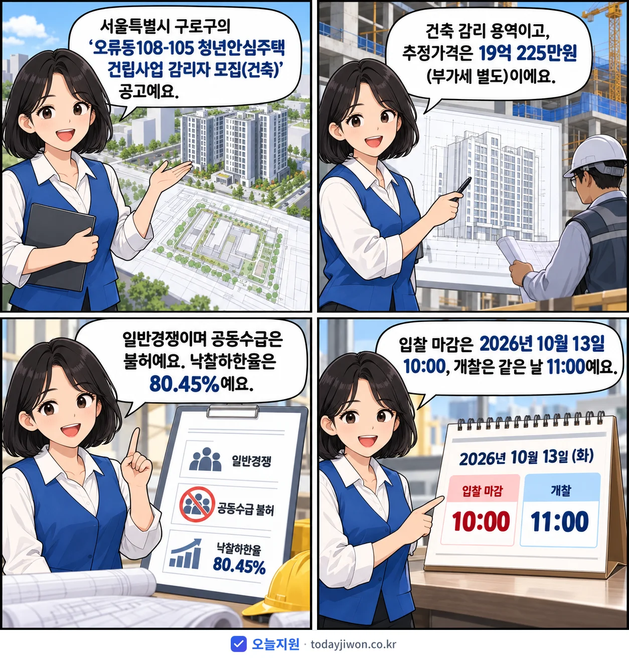 4컷 만화로 보는 공고: 서울특별시 구로구 '오류동108-105 청년안심주택 건립사업 감리자 모집(건축)', 추정가격 19억 225만원, 입찰 마감 10/13 10:00