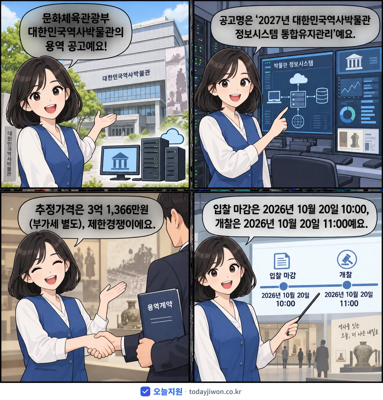 4컷 만화로 보는 공고: 문화체육관광부 대한민국역사박물관 '대한민국역사박물관 정보시스템 통합유지관리', 추정가격 3억 1,366만원, 입찰 마감 10/20 10:00
