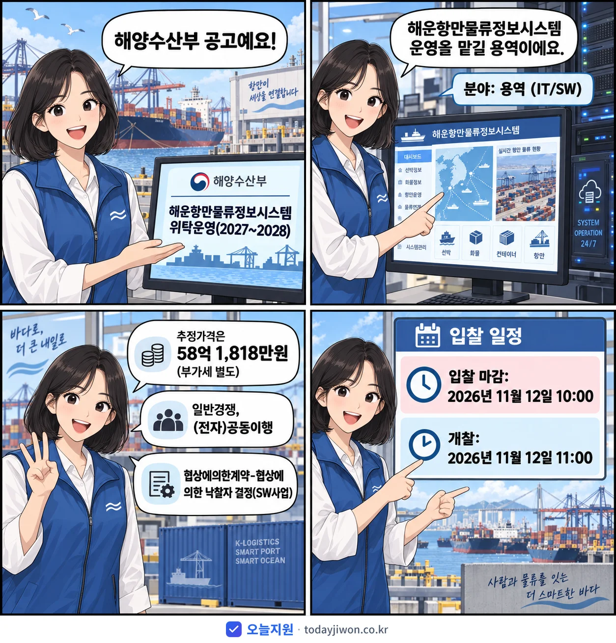 4컷 만화로 보는 공고: 해양수산부 '해운항만물류정보시스템 위탁운영(2027~2028)', 추정가격 58억 1,818만원, 입찰 마감 11/12 10:00