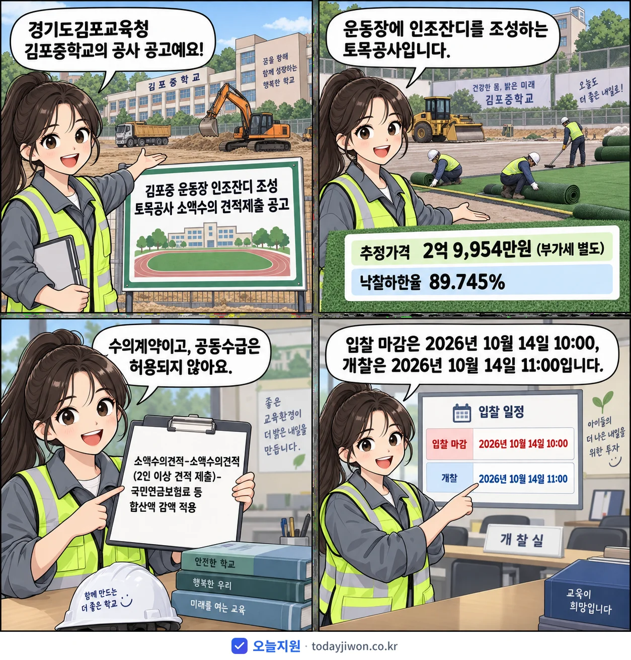 4컷 만화로 보는 공고: 경기도김포교육청 김포중학교 '김포중 운동장 인조잔디 조성 토목공사 소액수의 견적제출 공고', 추정가격 2억 9,954만원, 입찰 마감 10/14 10:00