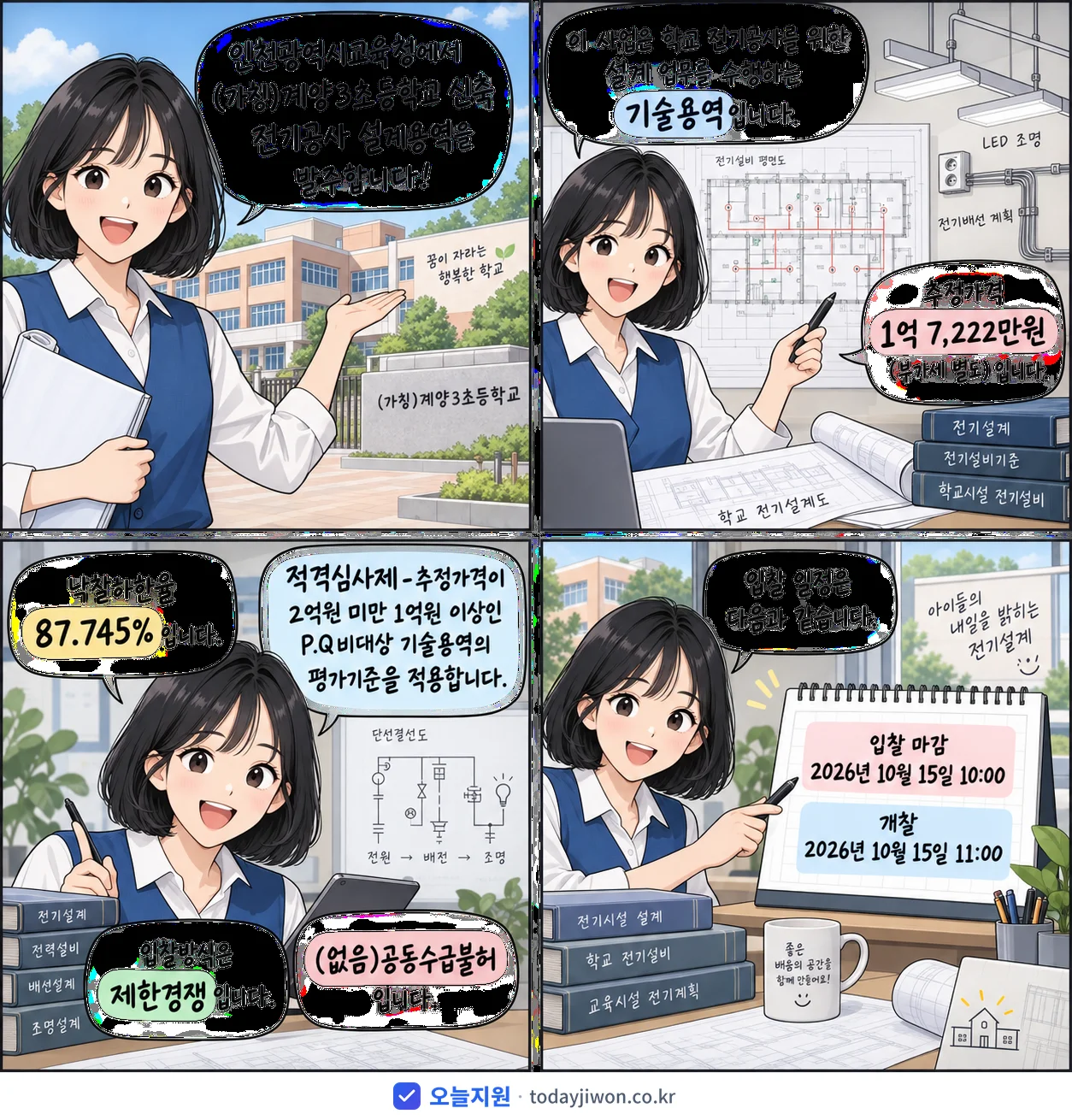 4컷 만화로 보는 공고: 인천광역시교육청 '(가칭)계양3초등학교 신축 전기공사 설계용역', 추정가격 1억 7,222만원, 입찰 마감 10/15 10:00