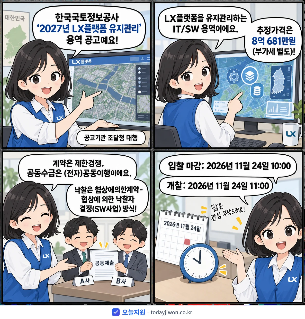 4컷 만화로 보는 공고: 한국국토정보공사 'LX플랫폼 유지관리', 추정가격 8억 681만원, 입찰 마감 11/24 10:00