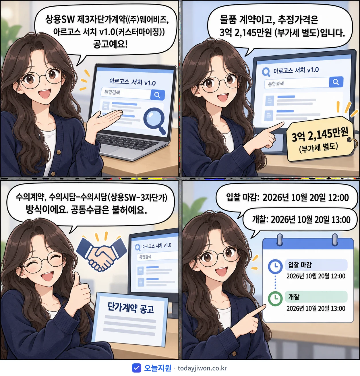 4컷 만화로 보는 공고: '상용SW 제3자단가계약((주)웨어비즈, 아르고스 서치 v1.0(커스터마…', 추정가격 3억 2,145만원, 입찰 마감 10/20 12:00