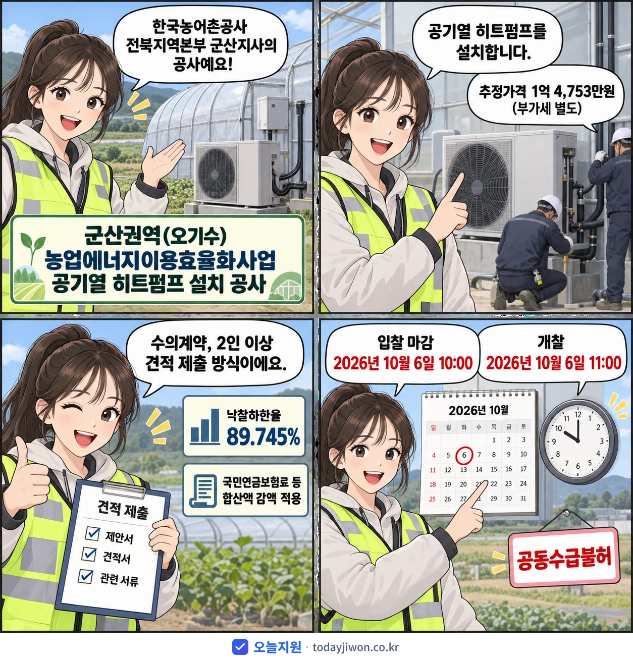 4컷 만화로 보는 공고: 한국농어촌공사 전북지역본부 군산지사 '군산권역(오기수) 농업에너지이용효율화사업 공기열 히트펌프 설치 공사', 추정가격 1억 4,753만원, 입찰 마감 10/6 10:00