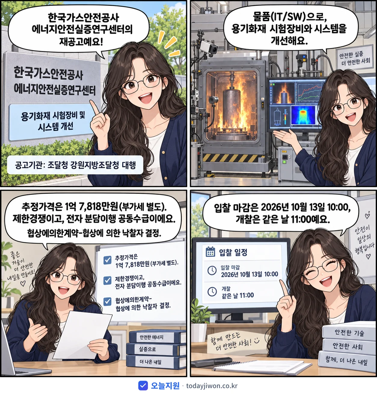4컷 만화로 보는 공고: 한국가스안전공사 에너지안전실증연구센터 '용기화재 시험장비 및 시스템 개선', 추정가격 1억 7,818만원, 입찰 마감 10/13 10:00