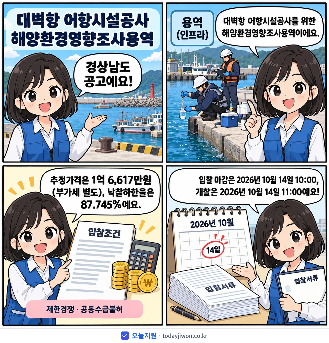 4컷 만화로 보는 공고: 경상남도 '대벽항 어항시설공사 해양환경영향조사용역', 추정가격 1억 6,617만원, 입찰 마감 10/14 10:00