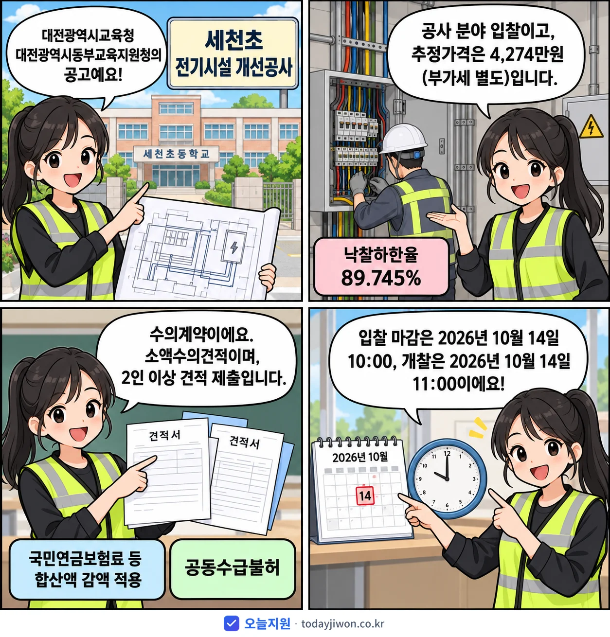 4컷 만화로 보는 공고: 대전광역시교육청 대전광역시동부교육지원청 '세천초 전기시설 개선공사', 추정가격 4,274만원, 입찰 마감 10/14 10:00