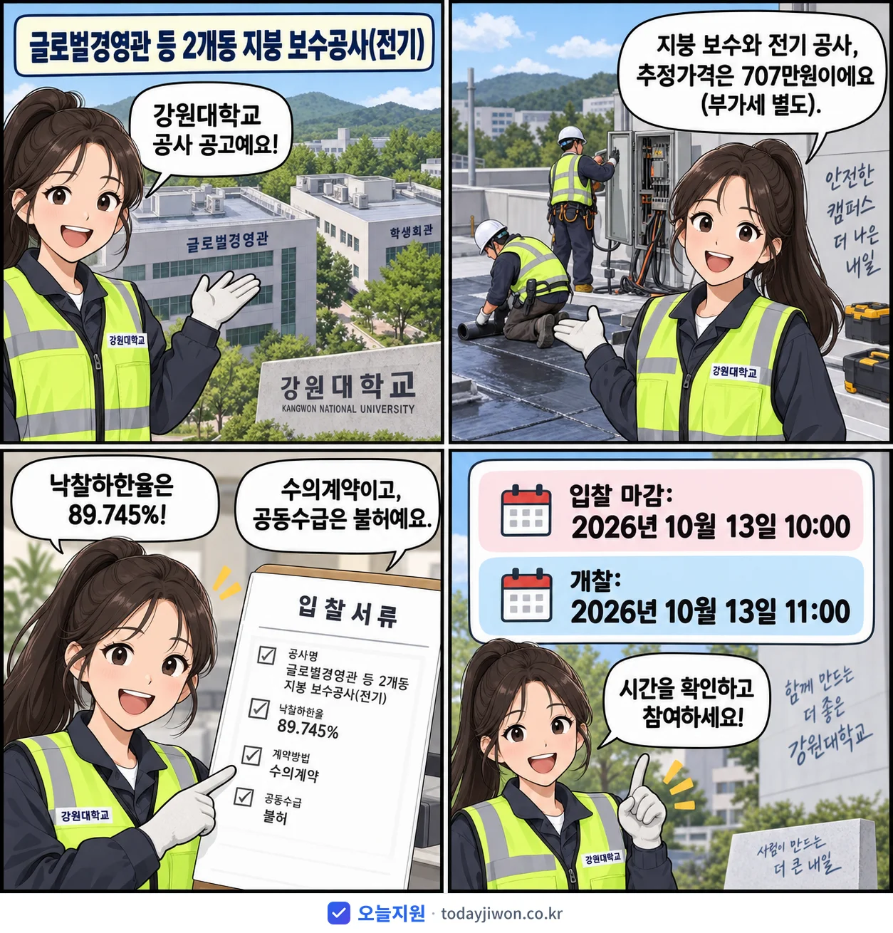 4컷 만화로 보는 공고: 강원대학교 '글로벌경영관 등 2개동 지붕 보수공사(전기)', 추정가격 707만원, 입찰 마감 10/13 10:00