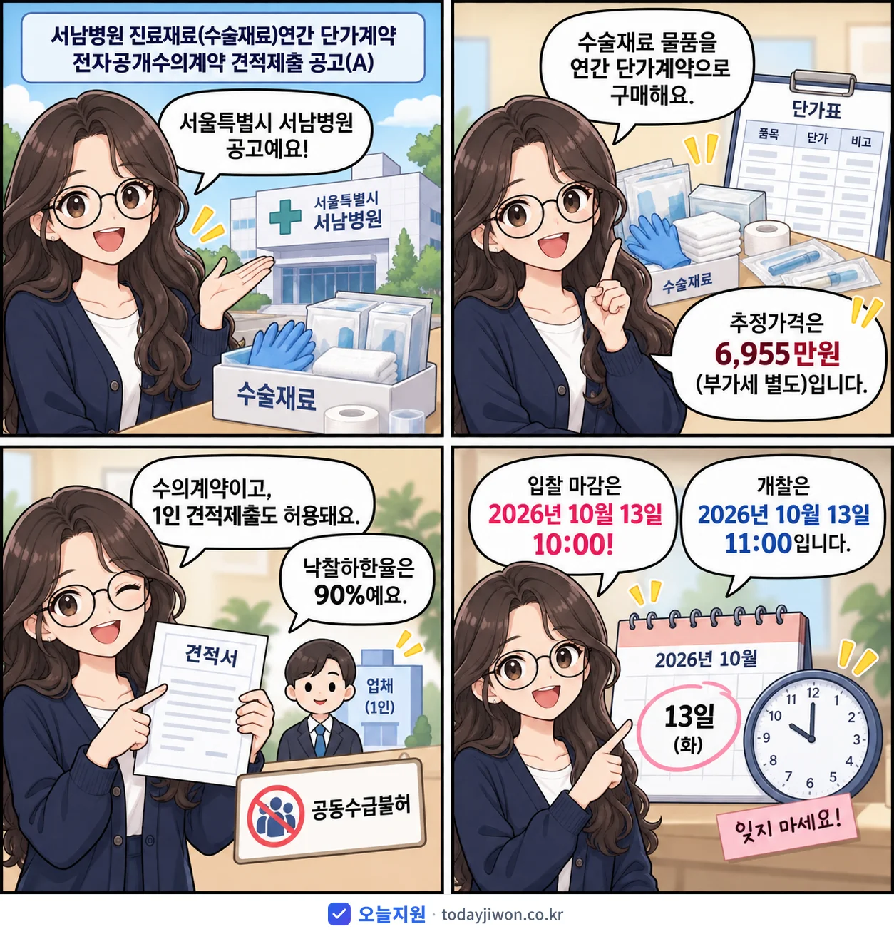 4컷 만화로 보는 공고: 서울특별시 서남병원 '서남병원 진료재료(수술재료)연간 단가계약 전자공개수의계약 견적제출 공고…', 추정가격 6,955만원, 입찰 마감 10/13 10:00