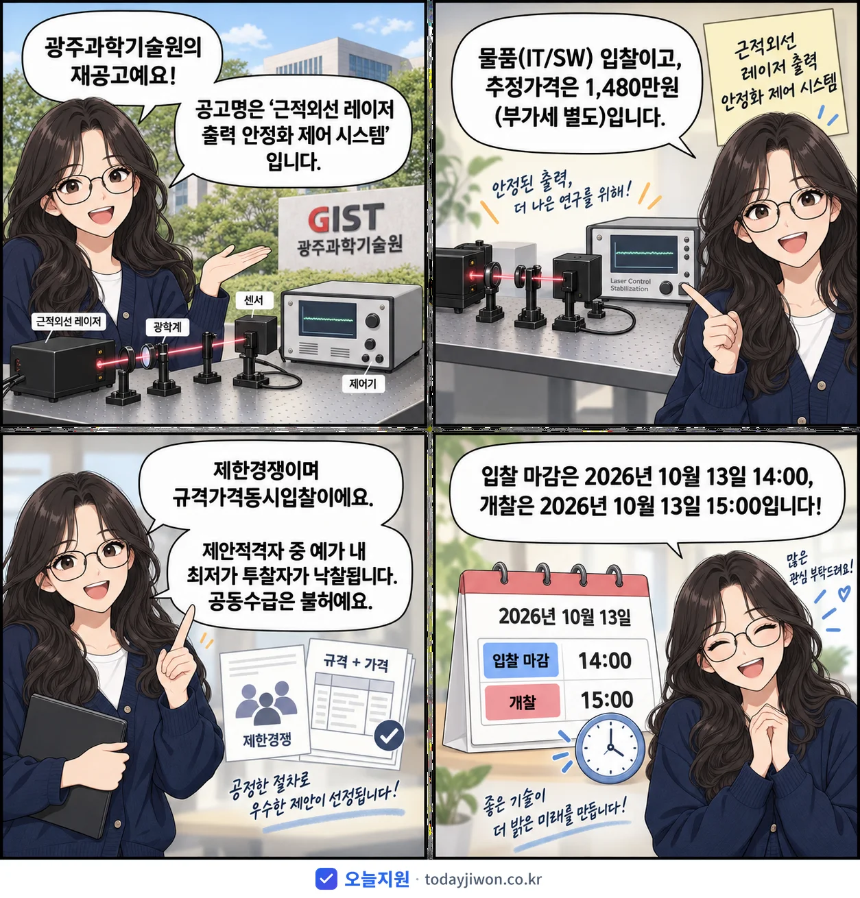 4컷 만화로 보는 공고: 광주과학기술원 '근적외선 레이저 출력 안정화 제어 시스템', 추정가격 1,480만원, 입찰 마감 10/13 14:00