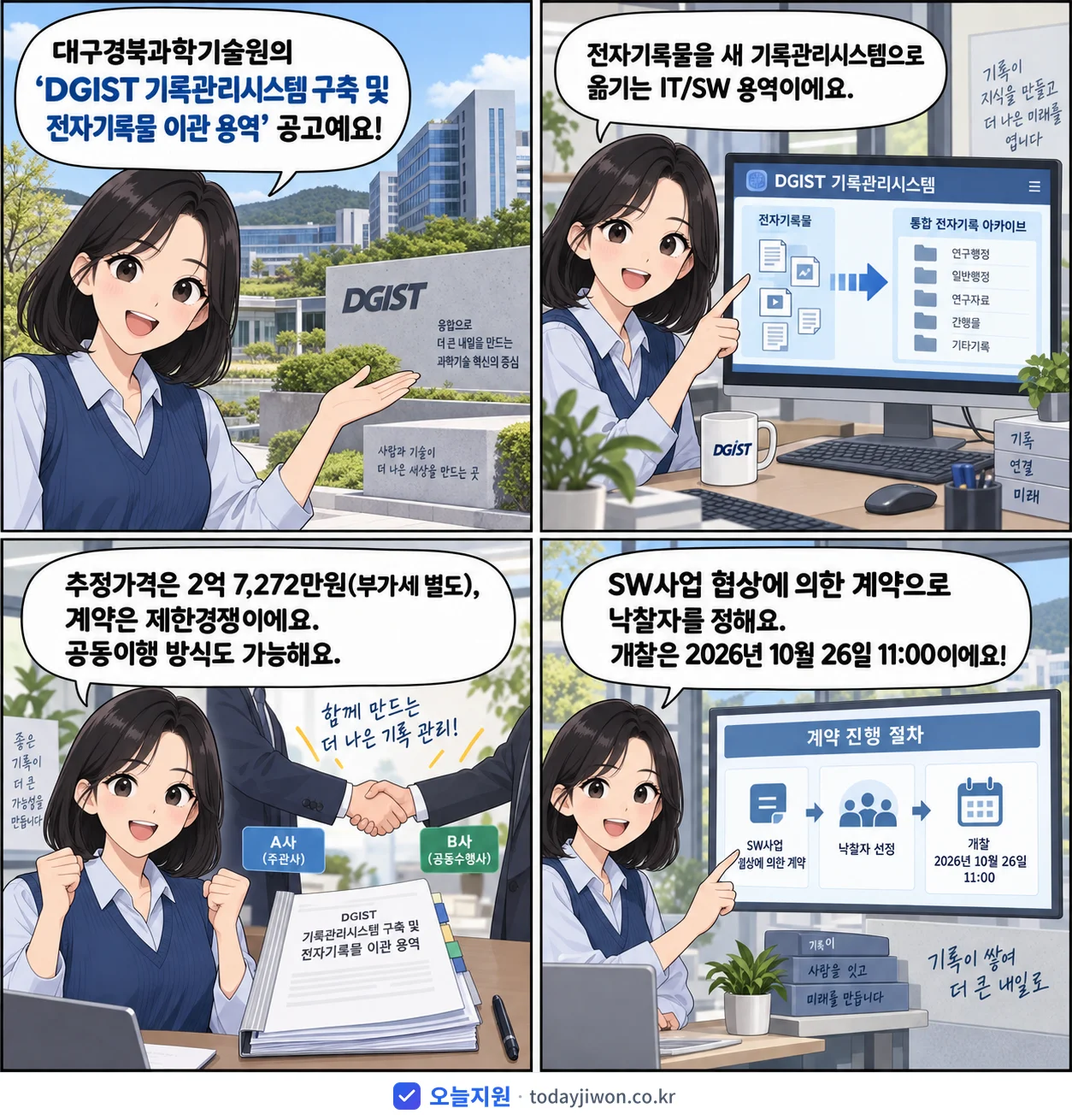 4컷 만화로 보는 공고: 대구경북과학기술원 'DGIST 기록관리시스템 구축 및 전자기록물 이관 용역', 추정가격 2억 7,272만원