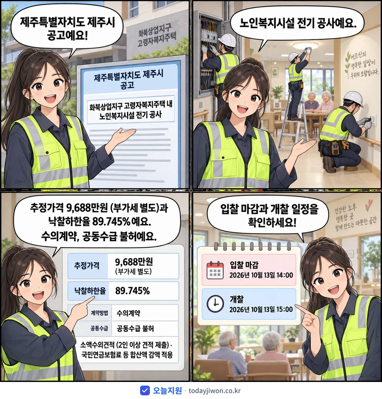 4컷 만화로 보는 공고: 제주특별자치도 제주시 '화북상업지구 고령자복지주택 내 노인복지시설 전기 공사', 추정가격 9,688만원, 입찰 마감 10/13 14:00