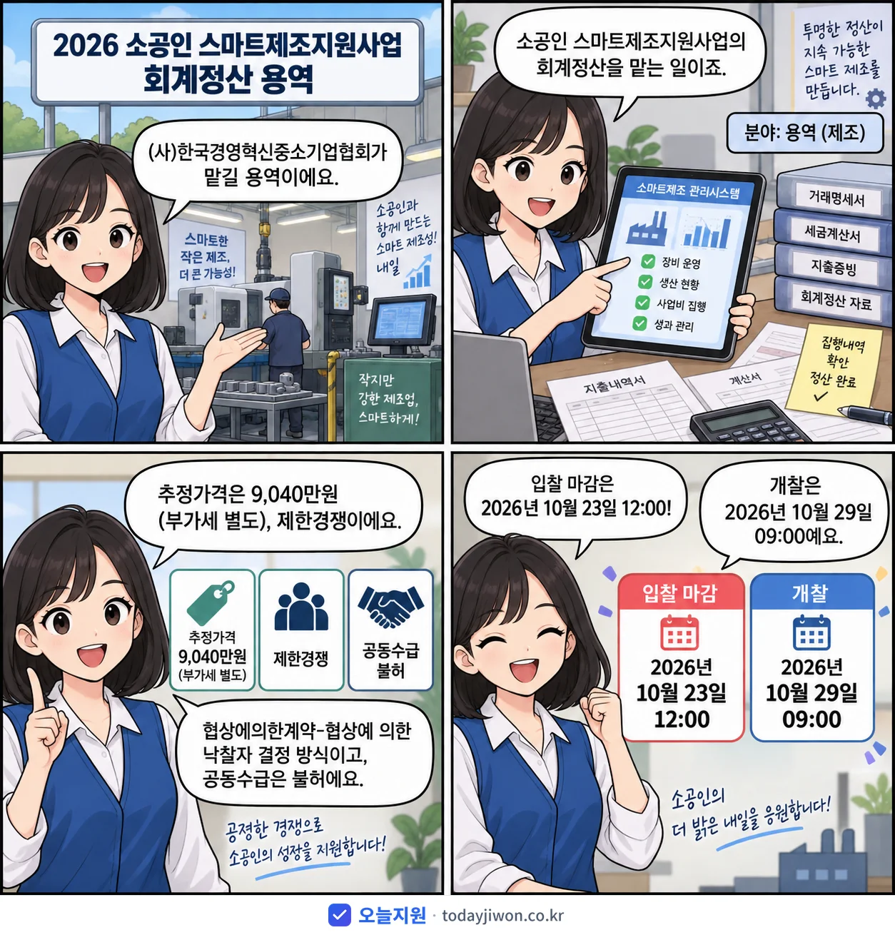 4컷 만화로 보는 공고: (사)한국경영혁신중소기업협회 '소공인 스마트제조지원사업 회계정산 용역', 추정가격 9,040만원, 입찰 마감 10/23 12:00