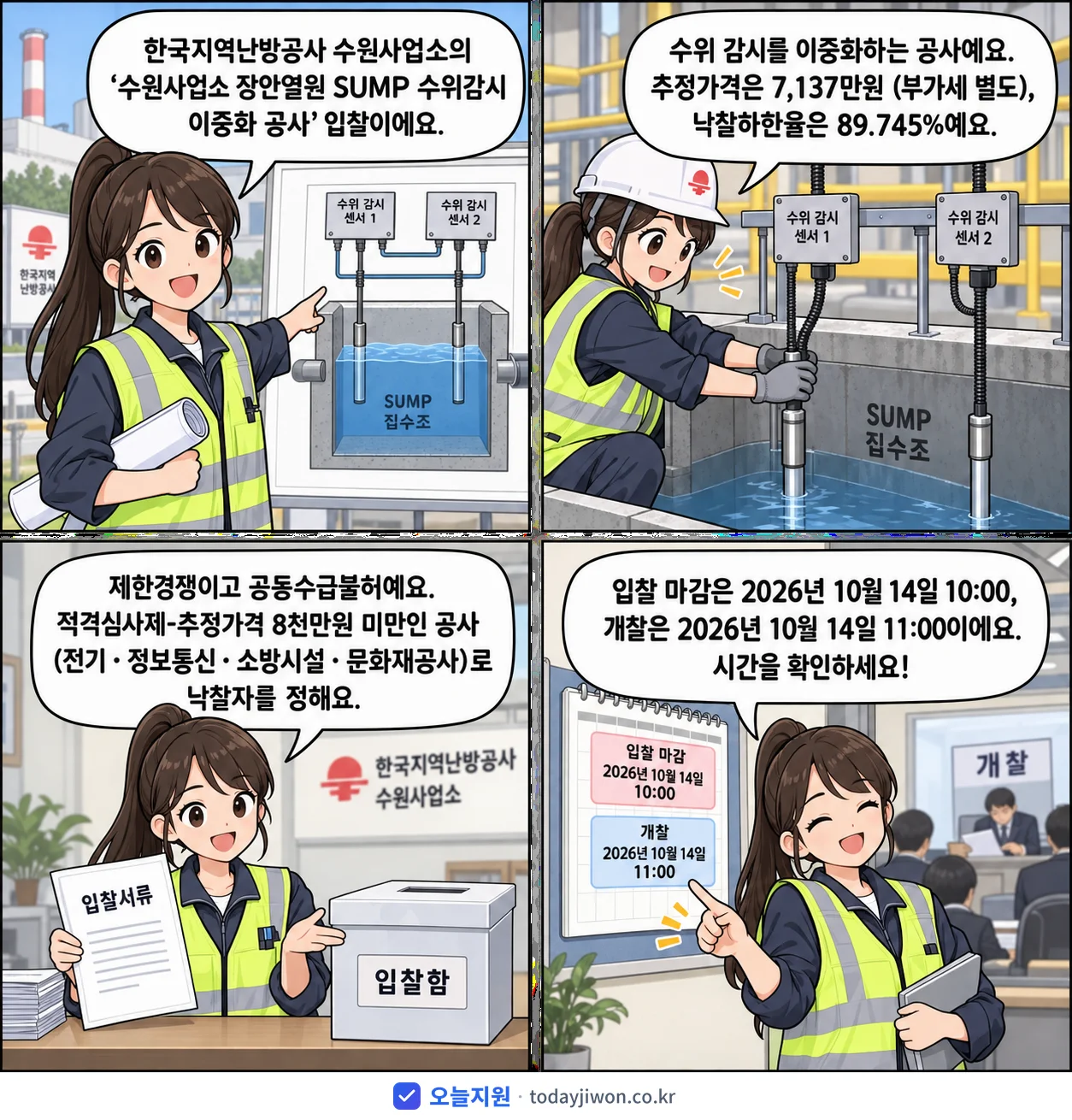 4컷 만화로 보는 공고: 한국지역난방공사 수원사업소 '수원사업소 장안열원 SUMP 수위감시 이중화 공사', 추정가격 7,137만원, 입찰 마감 10/14 10:00