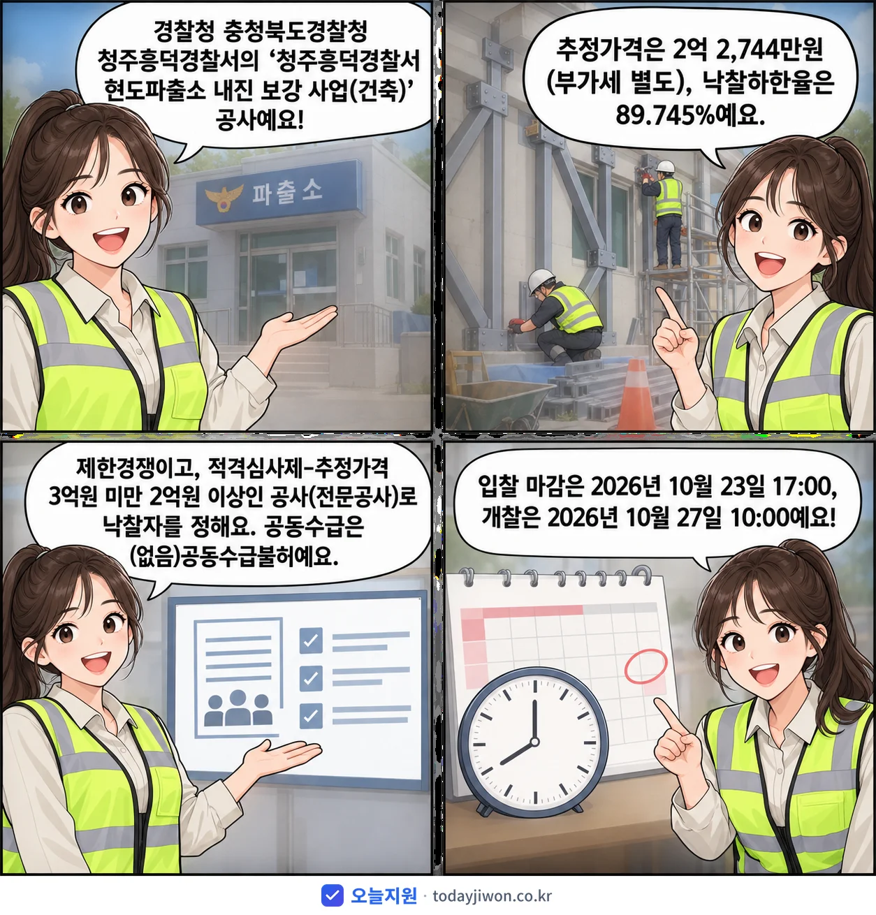 4컷 만화로 보는 공고: 경찰청 충청북도경찰청 청주흥덕경찰서 '청주흥덕경찰서 현도파출소 내진 보강 사업(건축)', 추정가격 2억 2,744만원, 입찰 마감 10/23 17:00