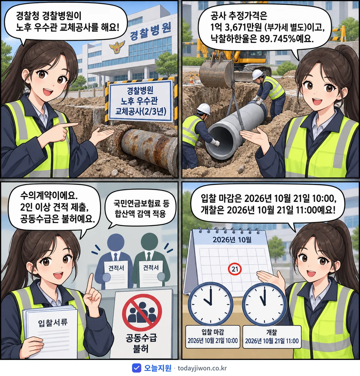 4컷 만화로 보는 공고: 경찰청 경찰병원 '경찰병원 노후 우수관 교체공사(2/3년)', 추정가격 1억 3,671만원, 입찰 마감 10/21 10:00