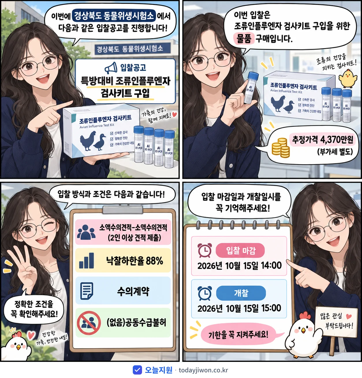 4컷 만화로 보는 공고: 경상북도 동물위생시험소 '특방대비 조류인플루엔자 검사키트 구입', 추정가격 4,370만원, 입찰 마감 10/15 14:00