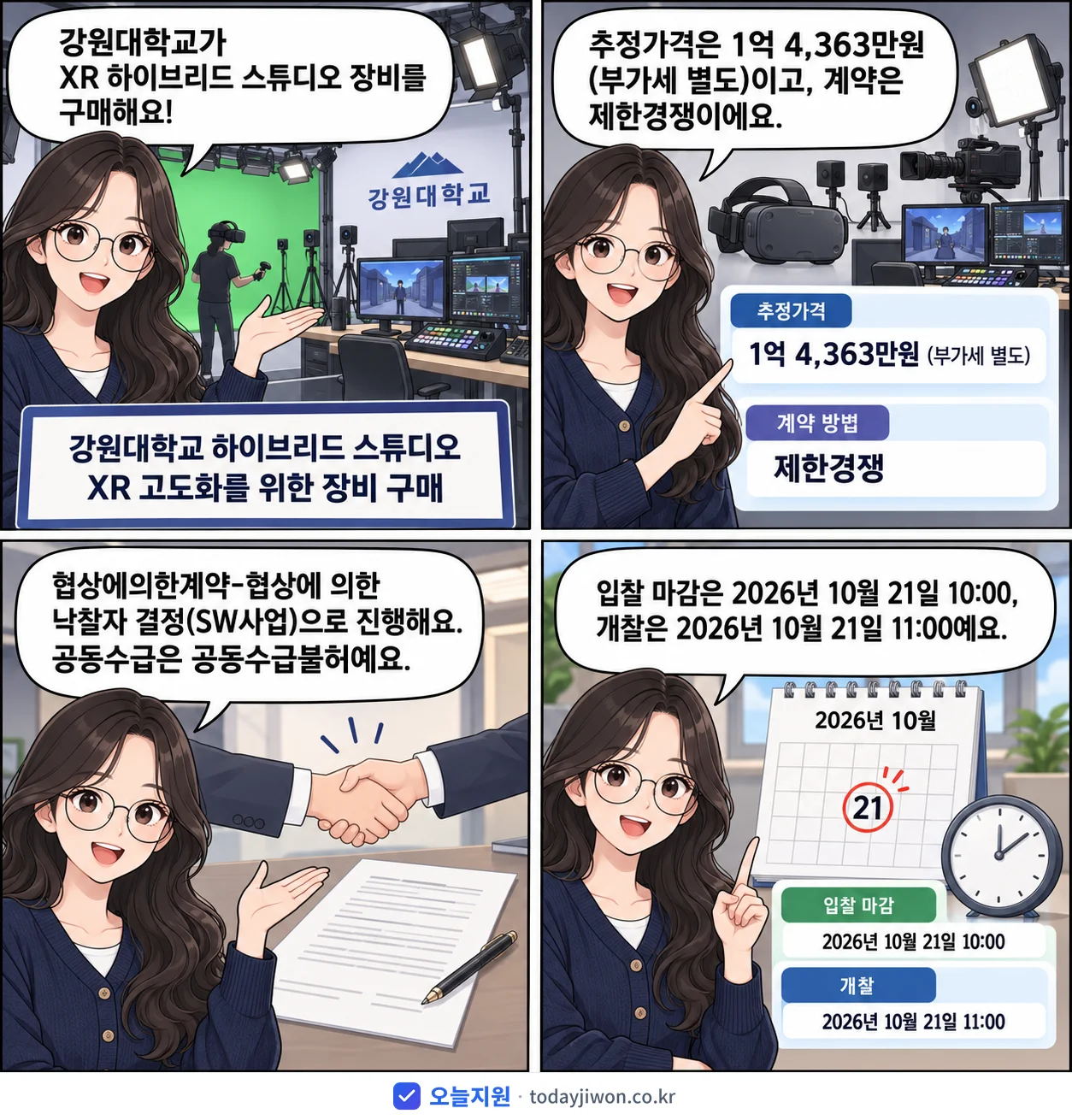 4컷 만화로 보는 공고: 강원대학교 '강원대학교 하이브리드 스튜디오 XR 고도화를 위한 장비 구매', 추정가격 1억 4,363만원, 입찰 마감 10/21 10:00