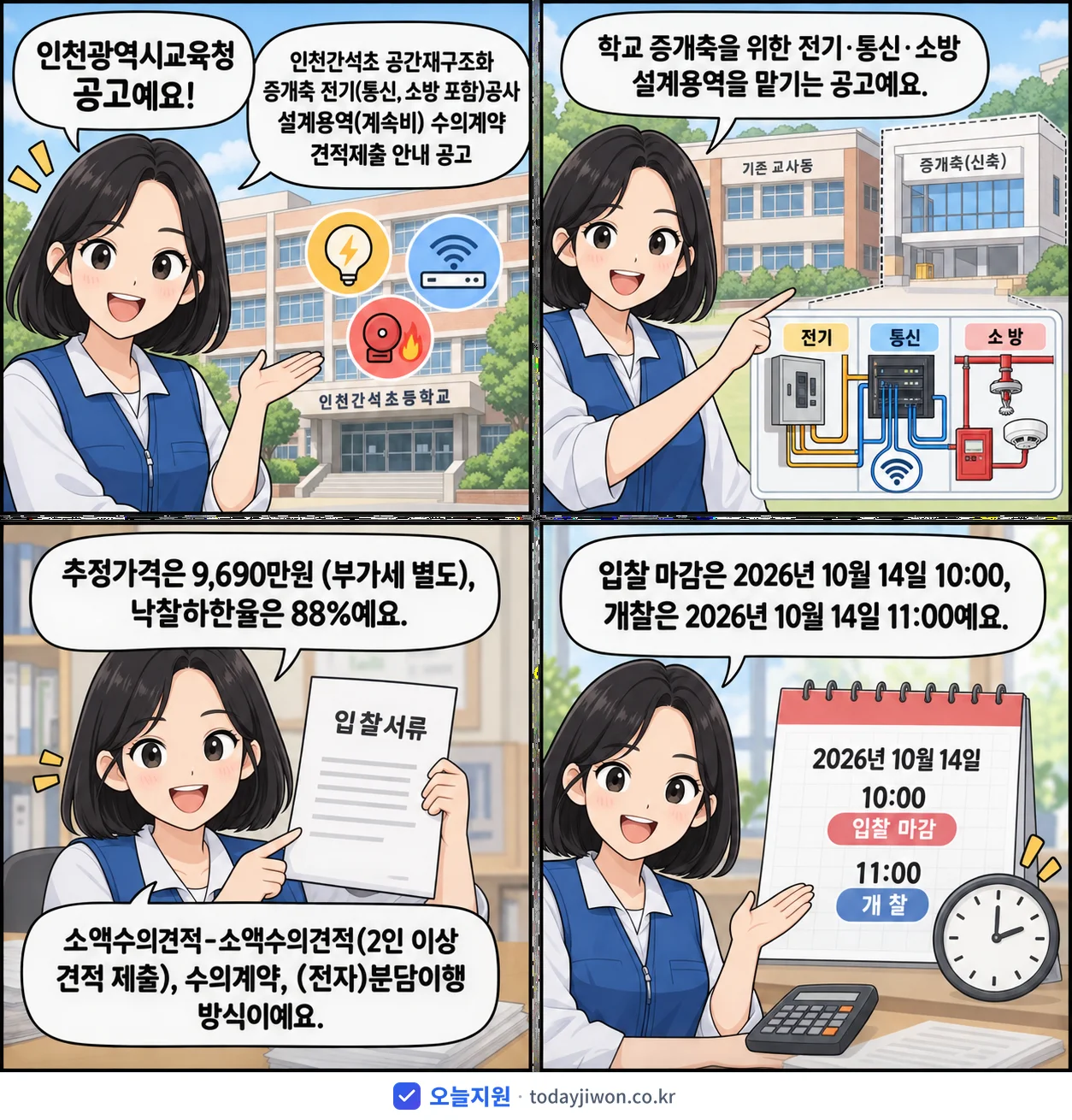 4컷 만화로 보는 공고: 인천광역시교육청 '인천간석초 공간재구조화 증개축 전기(통신, 소방 포함)공사 설계용역(계…', 추정가격 9,690만원, 입찰 마감 10/14 10:00