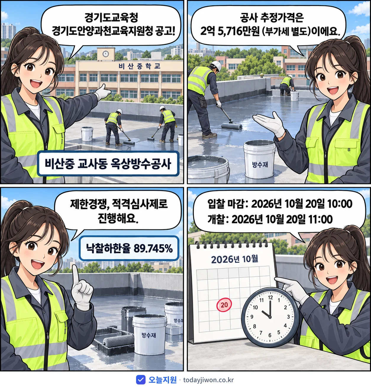 4컷 만화로 보는 공고: 경기도교육청 경기도안양과천교육지원청 '비산중 교사동 옥상방수공사', 추정가격 2억 5,716만원, 입찰 마감 10/20 10:00