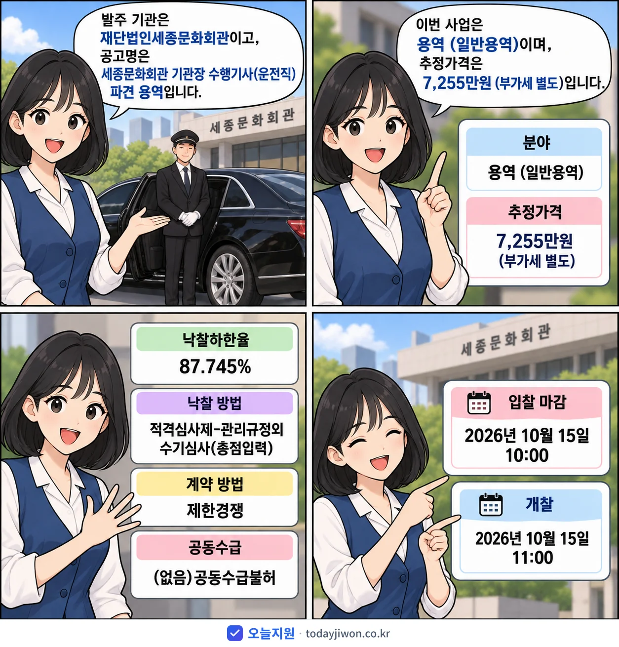 4컷 만화로 보는 공고: 재단법인세종문화회관 '세종문화회관 기관장 수행기사(운전직) 파견 용역', 추정가격 7,255만원, 입찰 마감 10/15 10:00