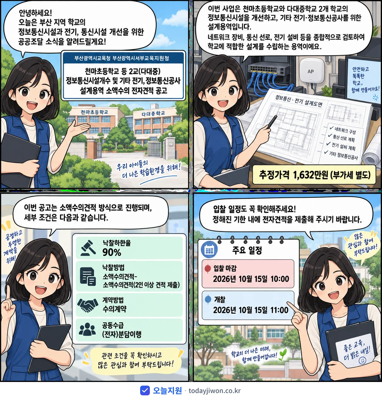 4컷 만화로 보는 공고: 부산광역시교육청 부산광역시서부교육지원청 '천마초등학교 등 2교(다대중) 정보통신시설개수 및 기타 전기,정보통신공…', 추정가격 1,632만원, 입찰 마감 10/15 10:00