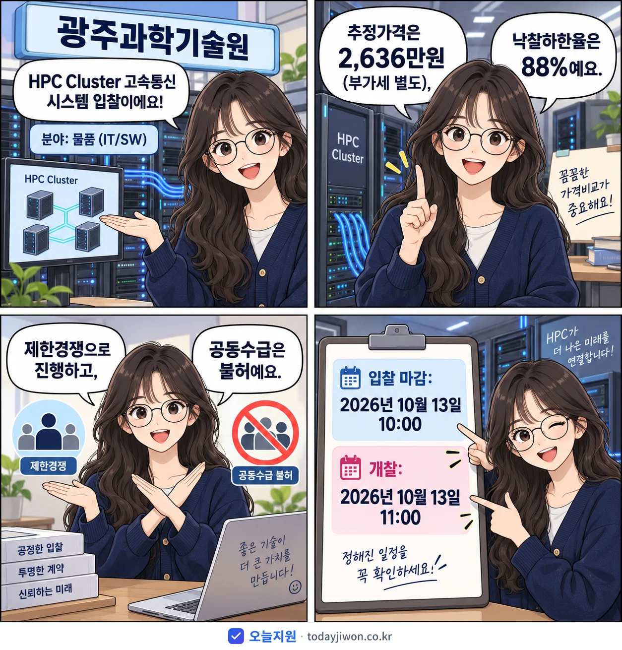 4컷 만화로 보는 공고: 광주과학기술원 'HPC Cluster 고속통신 시스템', 추정가격 2,636만원, 입찰 마감 10/13 10:00