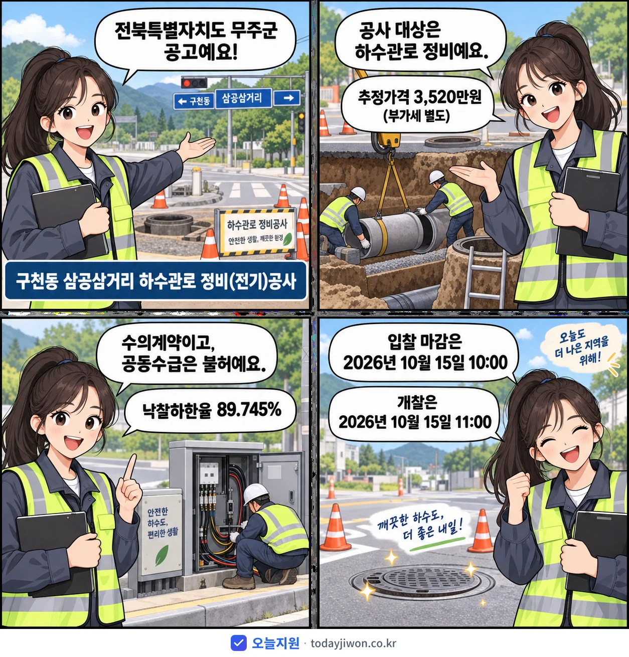 4컷 만화로 보는 공고: 전북특별자치도 무주군 '구천동 삼공삼거리 하수관로 정비(전기)공사', 추정가격 3,520만원, 입찰 마감 10/15 10:00