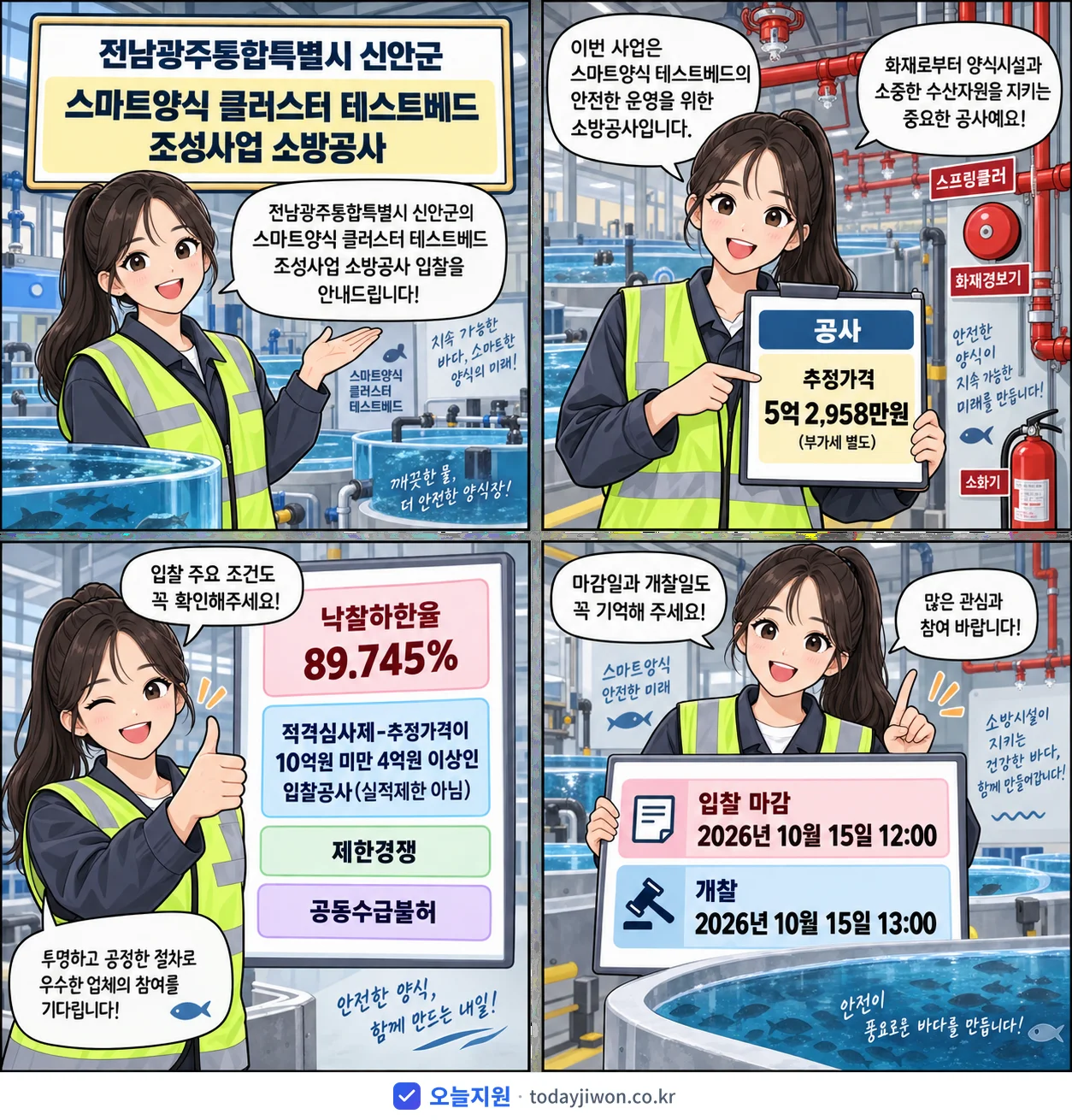 4컷 만화로 보는 공고: 전남광주통합특별시 신안군 '스마트양식 클러스터 테스트베드 조성사업 소방공사', 추정가격 5억 2,958만원, 입찰 마감 10/15 12:00