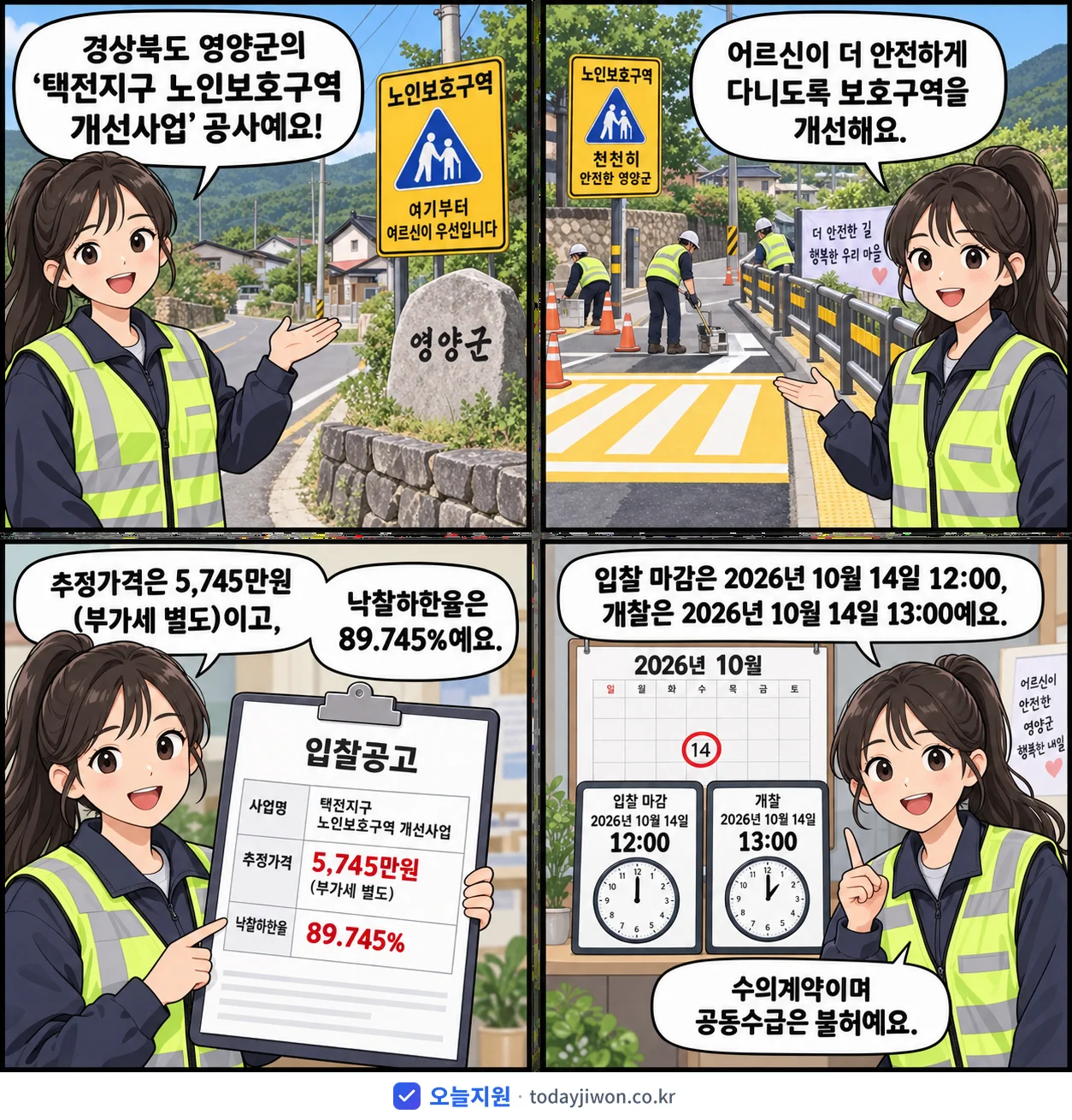 4컷 만화로 보는 공고: 경상북도 영양군 '택전지구 노인보호구역 개선사업', 추정가격 5,745만원, 입찰 마감 10/14 12:00