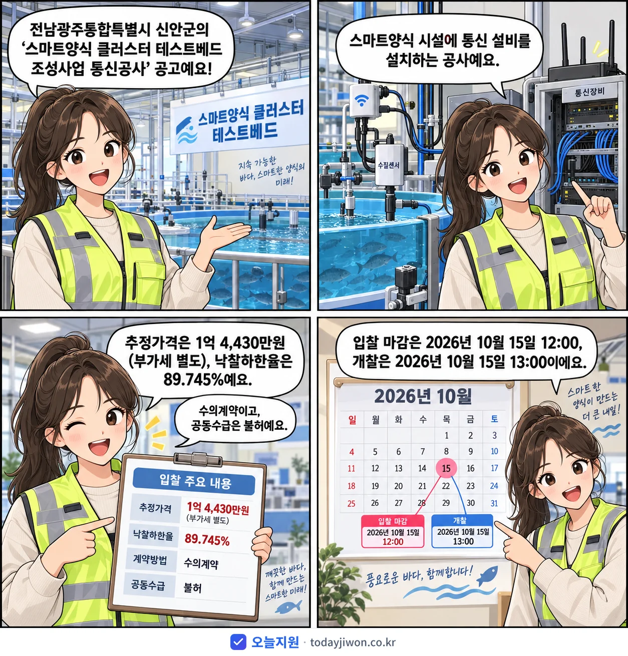 4컷 만화로 보는 공고: 전남광주통합특별시 신안군 '스마트양식 클러스터 테스트베드 조성사업 통신공사', 추정가격 1억 4,430만원, 입찰 마감 10/15 12:00