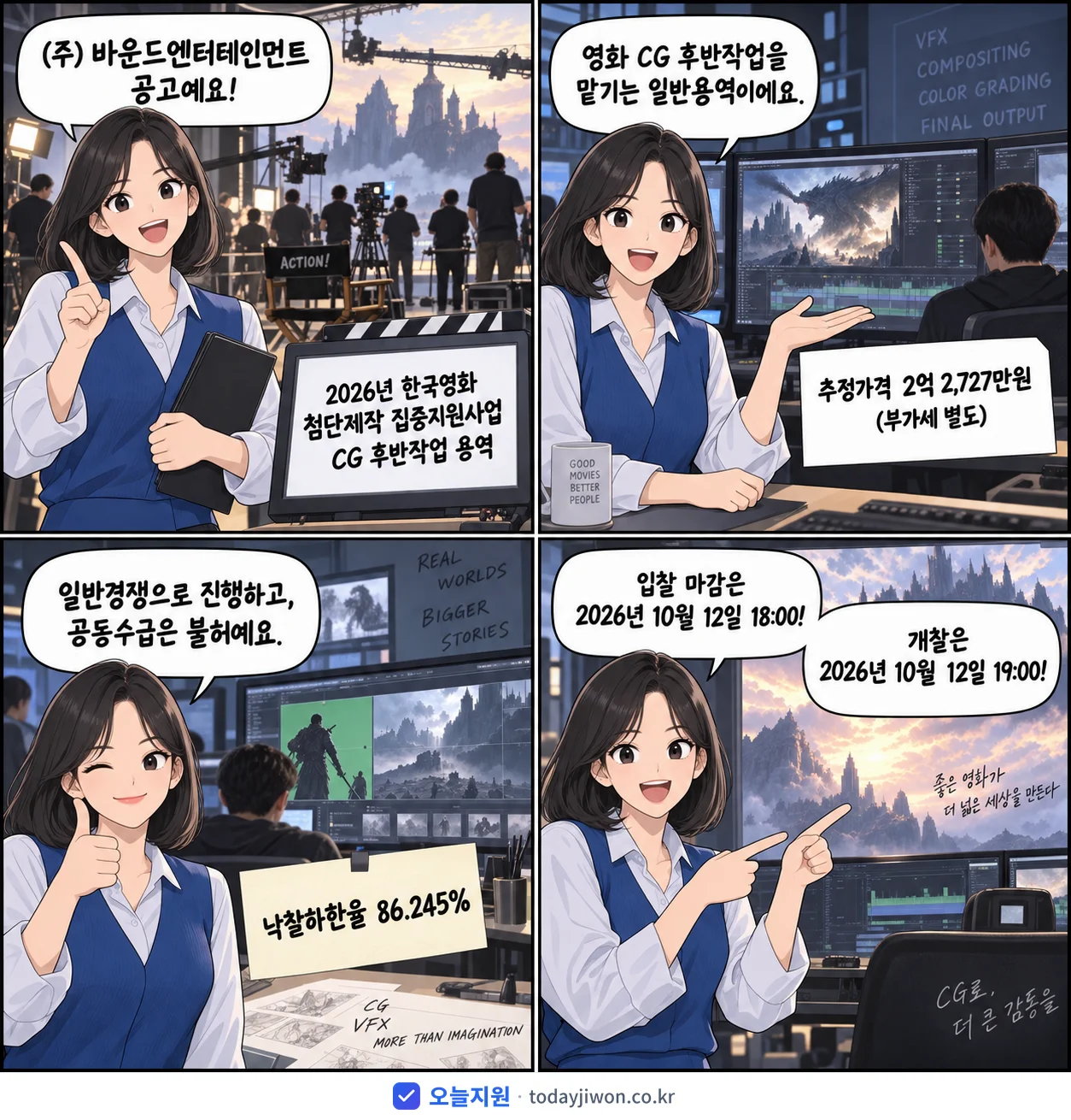 4컷 만화로 보는 공고: (주) 바운드엔터테인먼트 '한국영화 첨단제작 집중지원사업 CG 후반작업 용역', 추정가격 2억 2,727만원, 입찰 마감 10/12 18:00