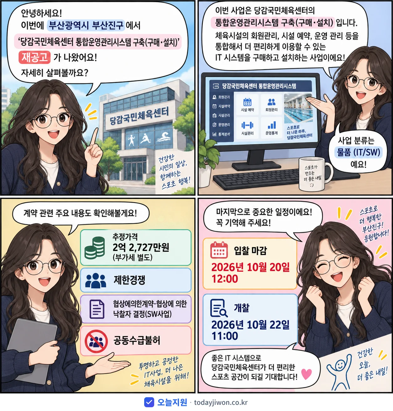 4컷 만화로 보는 공고: 부산광역시 부산진구 '당감국민체육센터 통합운영관리시스템 구축(구매·설치)', 추정가격 2억 2,727만원, 입찰 마감 10/20 12:00