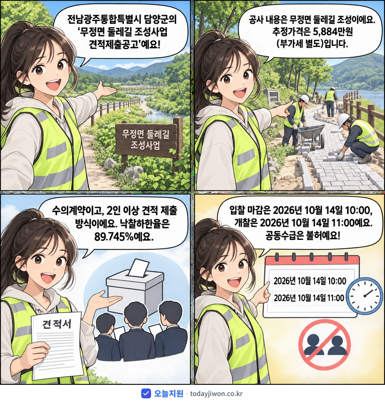 4컷 만화로 보는 공고: 전남광주통합특별시 담양군 '무정면 둘레길 조성사업 견적제출공고', 추정가격 5,884만원, 입찰 마감 10/14 10:00