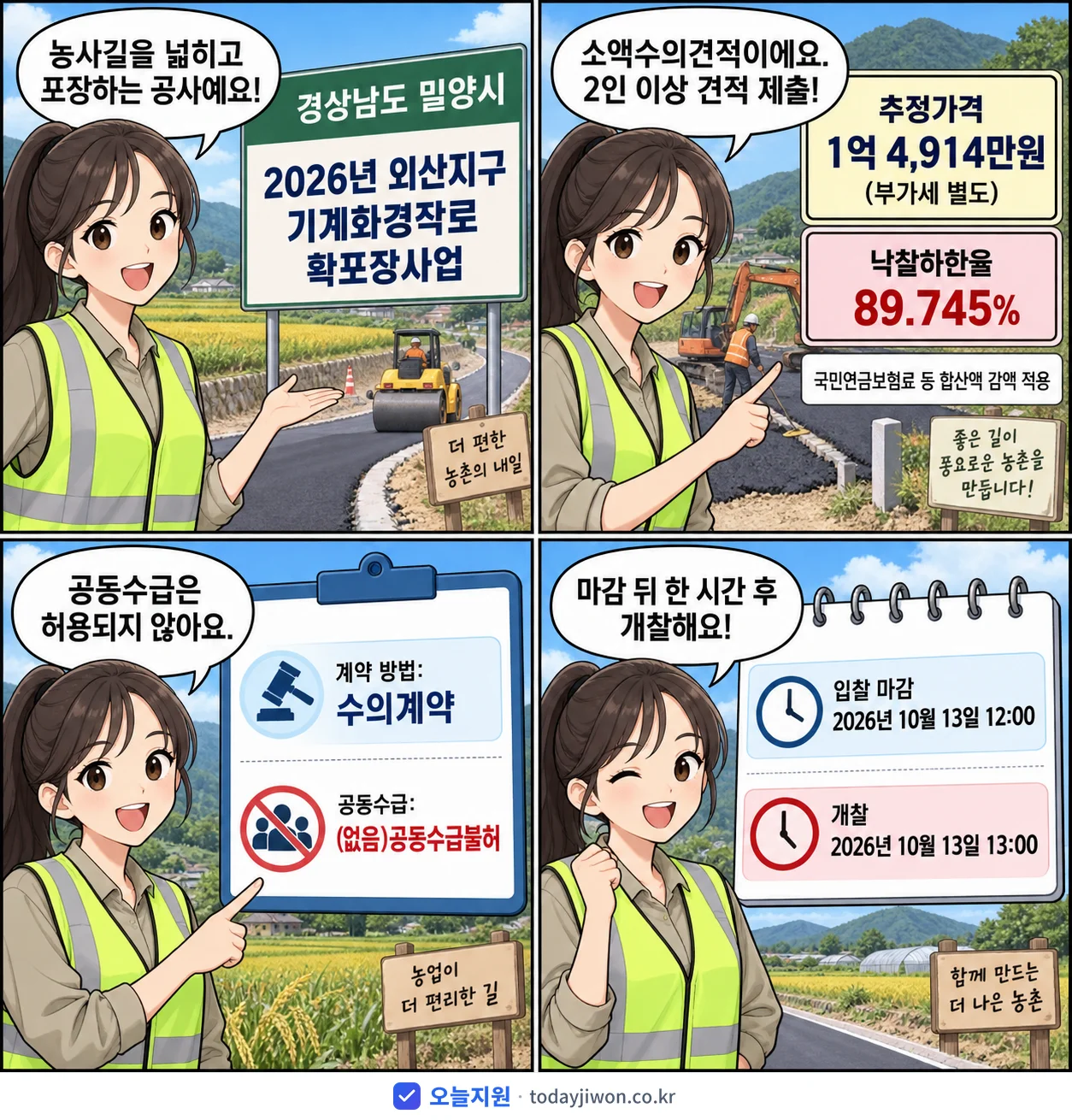 4컷 만화로 보는 공고: 경상남도 밀양시 '외산지구 기계화경작로 확포장사업', 추정가격 1억 4,914만원, 입찰 마감 10/13 12:00