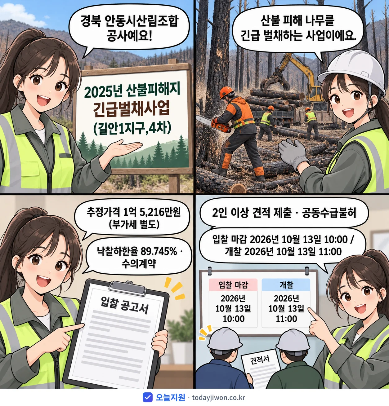 4컷 만화로 보는 공고: 경북 안동시산림조합 '산불피해지 긴급벌채사업(길안1지구,4차)', 추정가격 1억 5,216만원, 입찰 마감 10/13 10:00