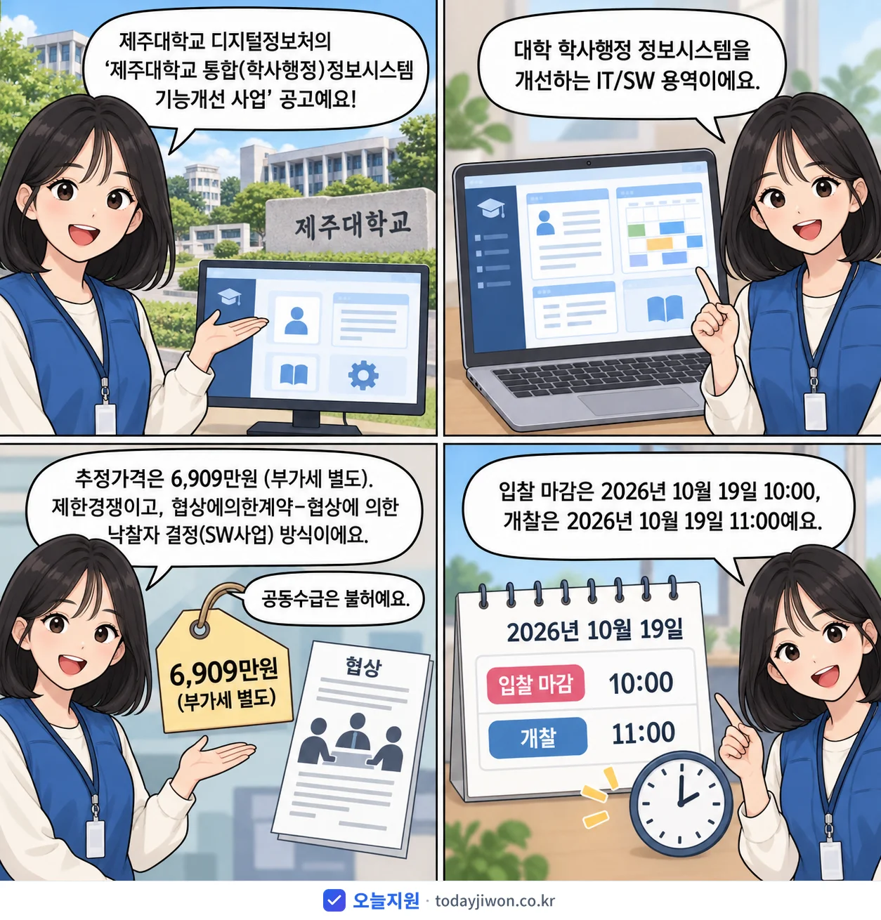 4컷 만화로 보는 공고: 제주대학교 디지털정보처 '제주대학교 통합(학사행정)정보시스템 기능개선 사업', 추정가격 6,909만원, 입찰 마감 10/19 10:00