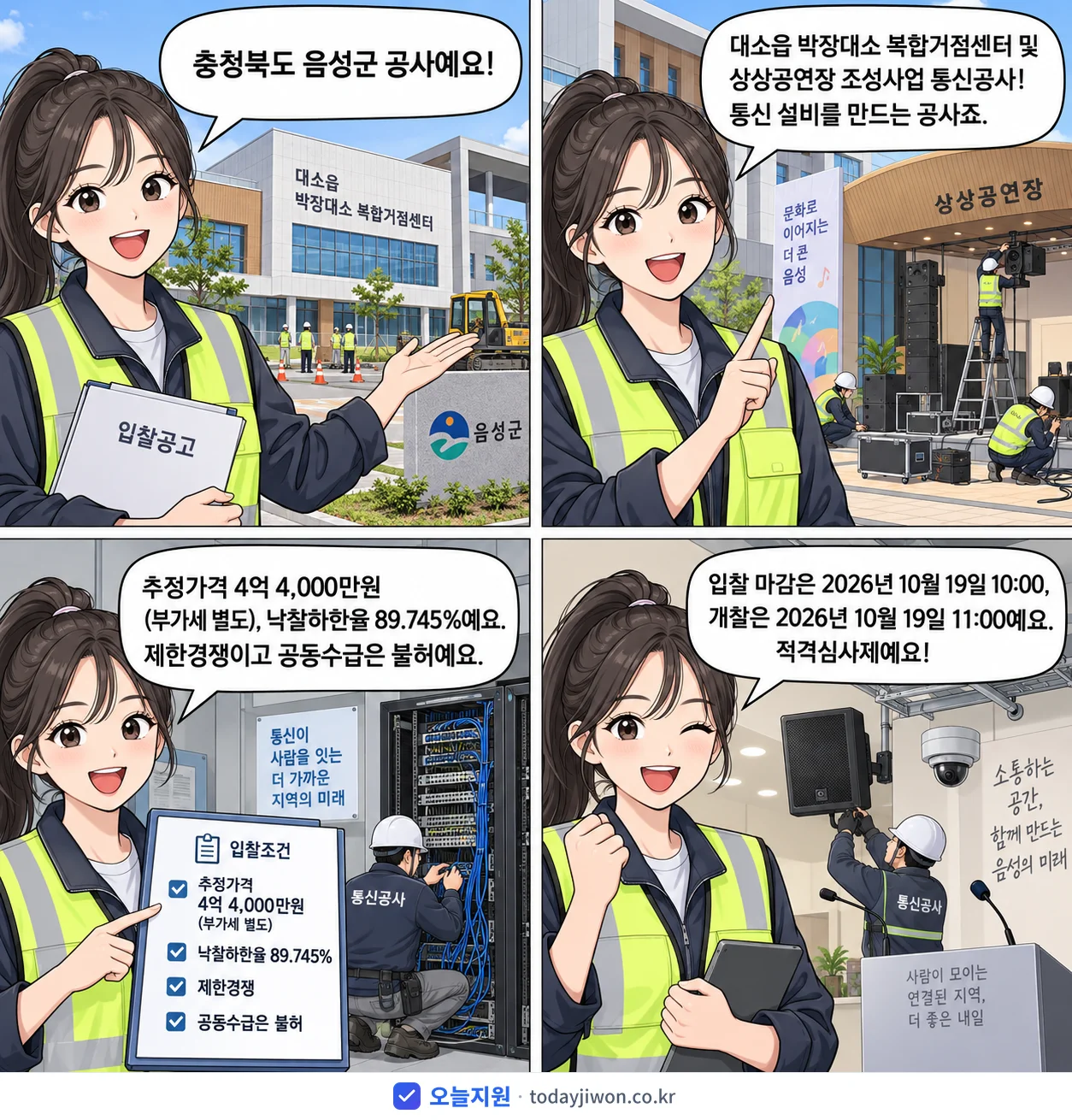 4컷 만화로 보는 공고: 충청북도 음성군 '대소읍 박장대소 복합거점센터 및 상상공연장 조성사업 통신공사', 추정가격 4억 4,000만원, 입찰 마감 10/19 10:00