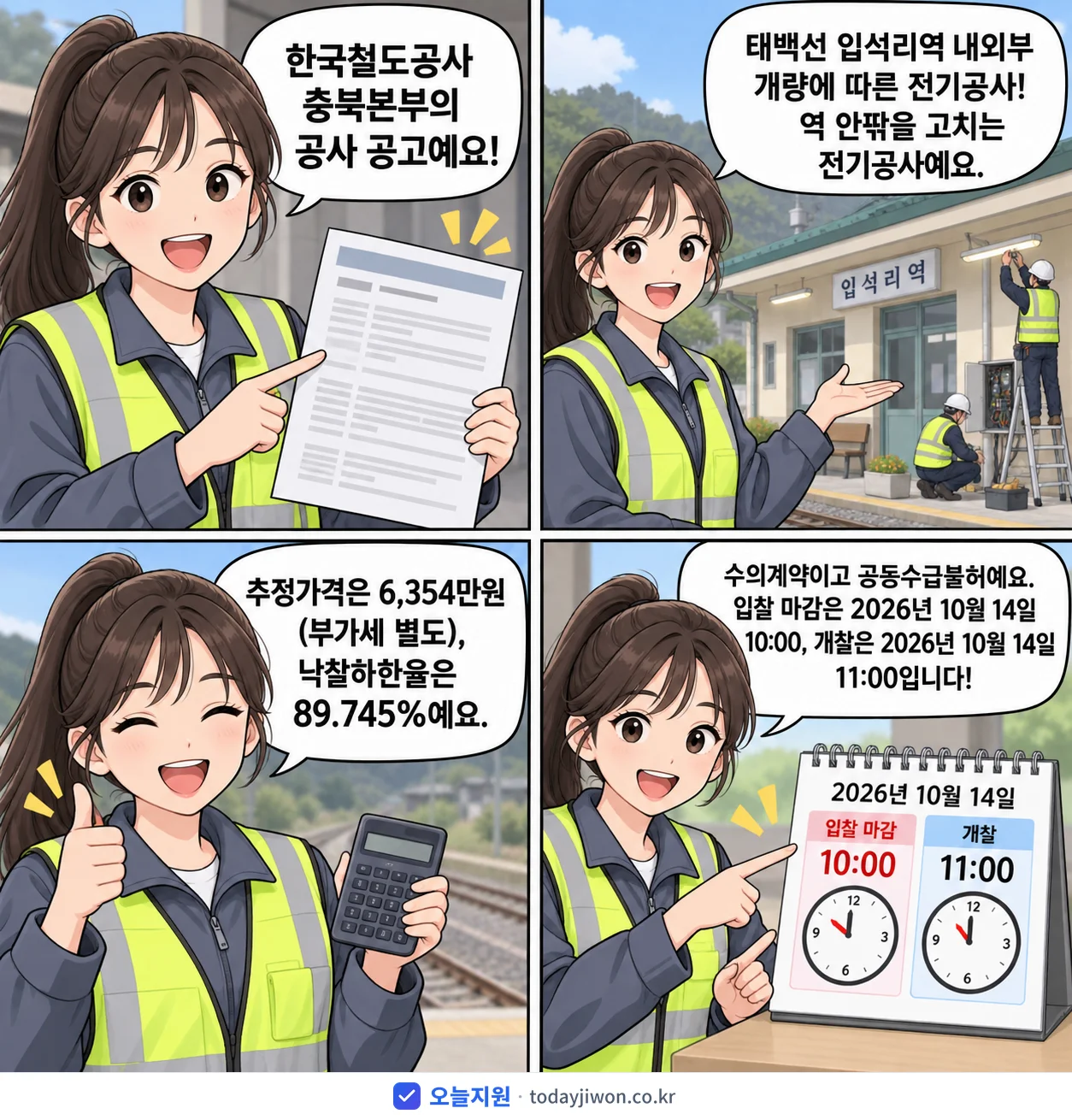 4컷 만화로 보는 공고: 한국철도공사 충북본부 '태백선 입석리역 내외부 개량에 따른 전기공사', 추정가격 6,354만원, 입찰 마감 10/14 10:00