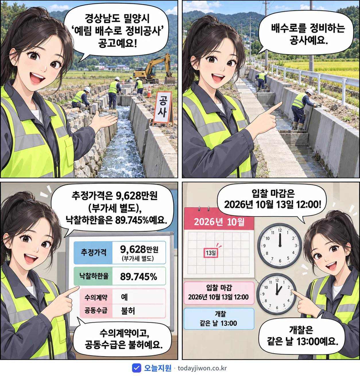 4컷 만화로 보는 공고: 경상남도 밀양시 '예림 배수로 정비공사', 추정가격 9,628만원, 입찰 마감 10/13 12:00