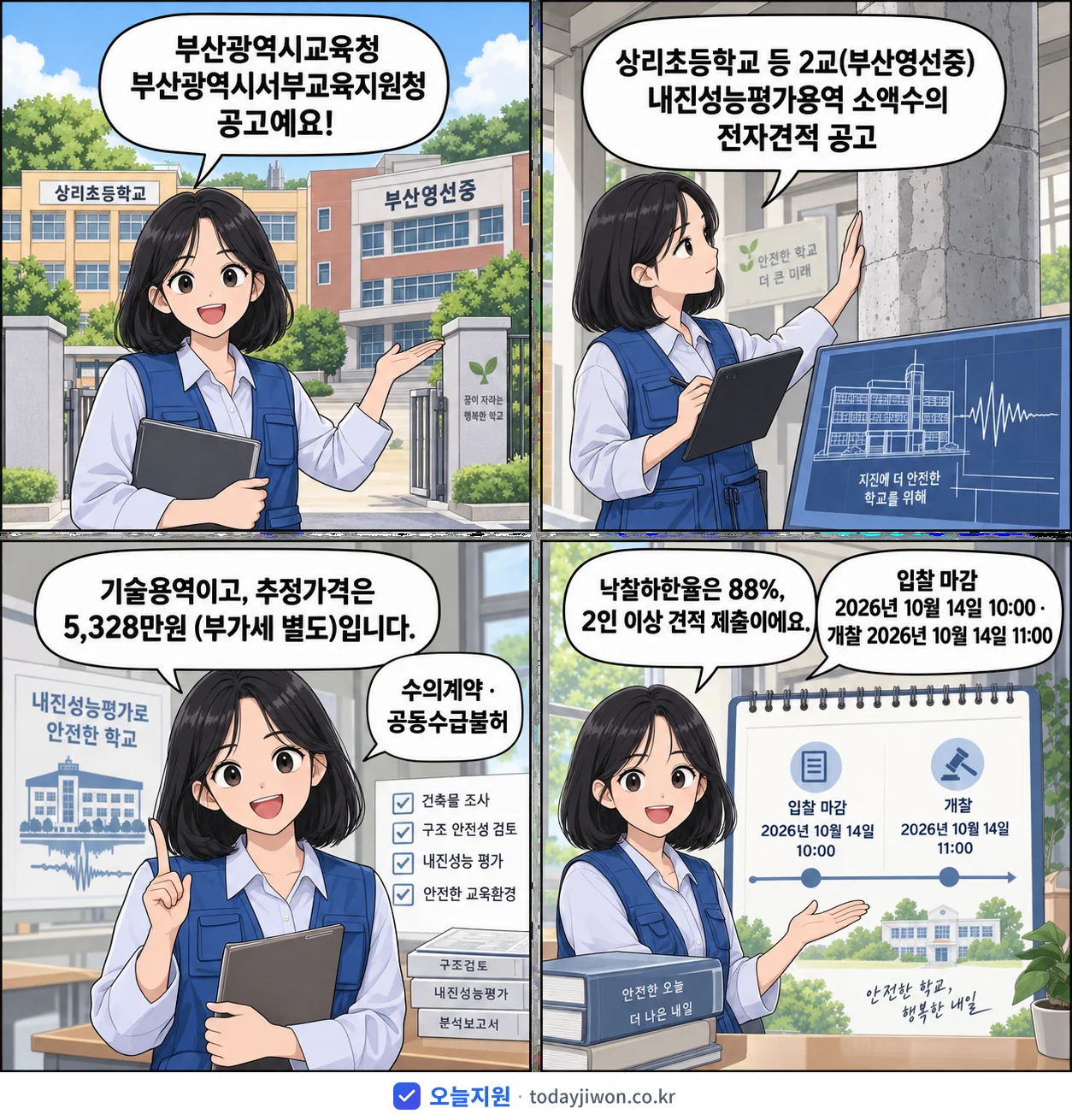 4컷 만화로 보는 공고: 부산광역시교육청 부산광역시서부교육지원청 '상리초등학교 등 2교(부산영선중) 내진성능평가용역 소액수의 전자견적 공고', 추정가격 5,328만원, 입찰 마감 10/14 10:00